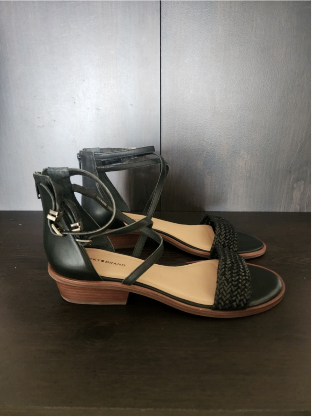 Lucky Brand Skippir LEATHER Gladiator Woven Chunky Block Heel Sandals 10 M BLACK - Picture 6 of 14